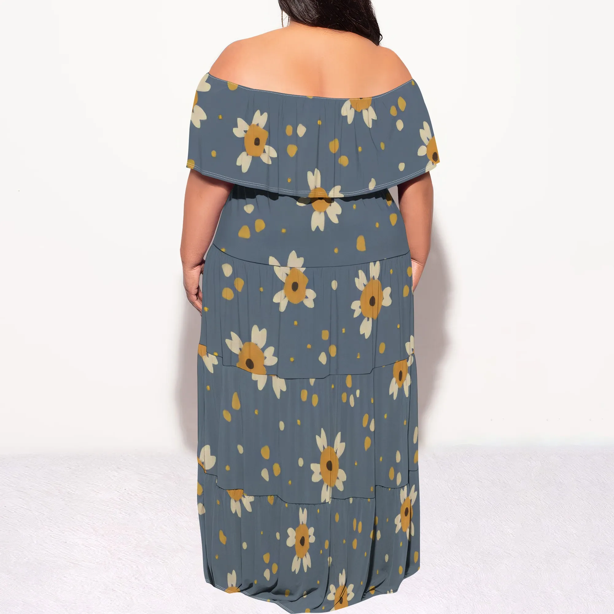 Abito da donna con spalle scoperte Abito lungo da spiaggia casual estivo con stampa floreale hawaiana sexy lungo fino al pavimento
