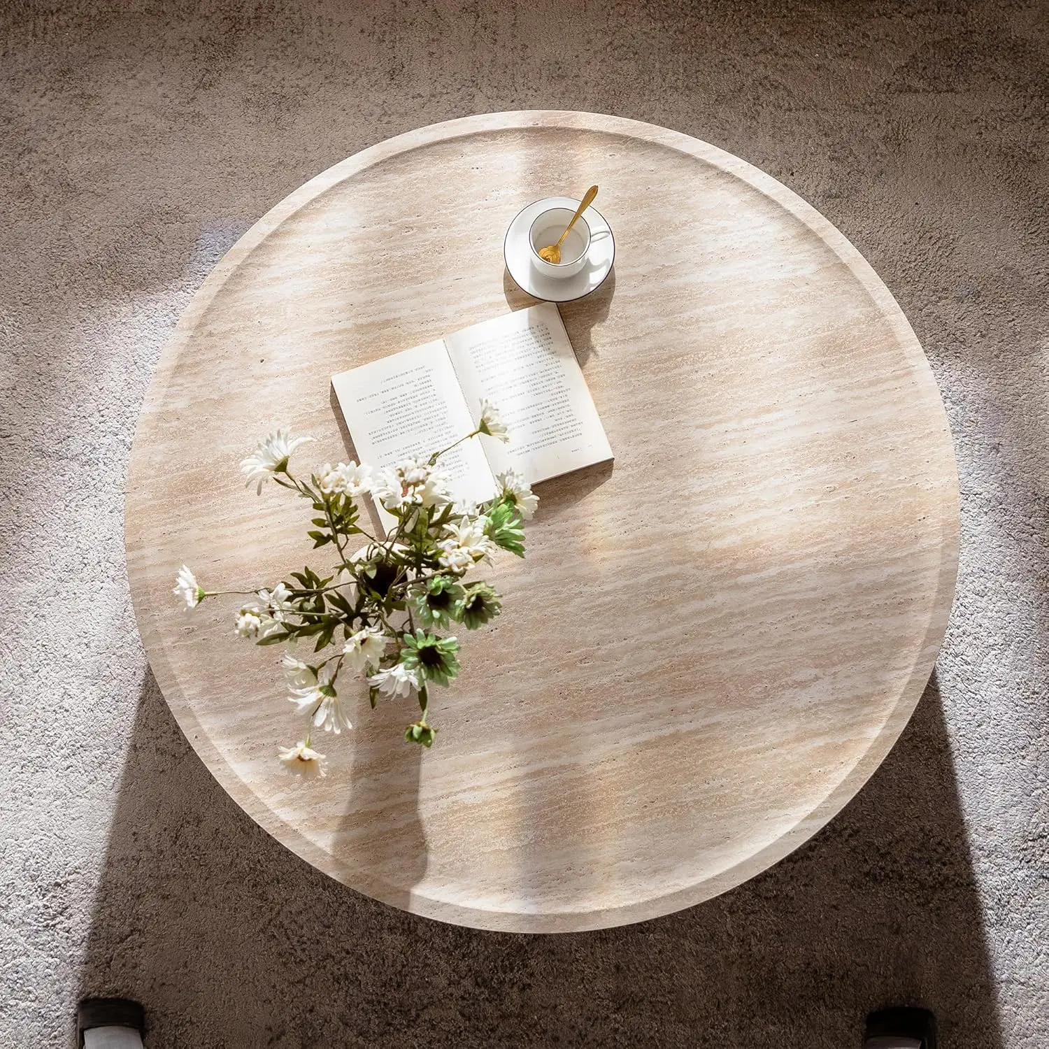 طاولة القهوة الحديثة ذات الطبل الصناعي من الترافرتين طاولات القهوة الخشبية طاولة مركزية مستديرة لغرفة المعيشة والمكتب المنزلي، 39.3 بوصة - أ بالكامل #4