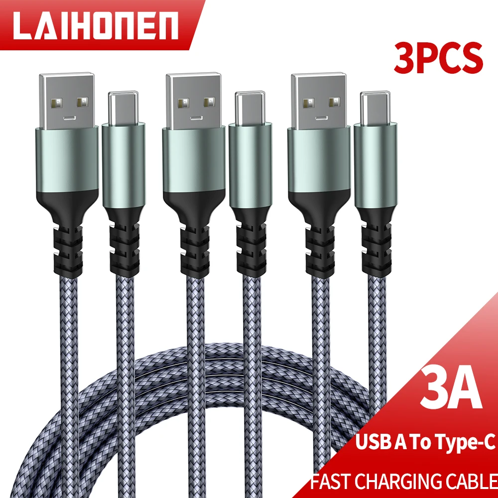 

3-Pack 3M USB Type C Data Cable Nylon Braided 3A Fast Charging Cable Phone Charger Wire Cord For Macbook Samsung Huawei Xiaomi