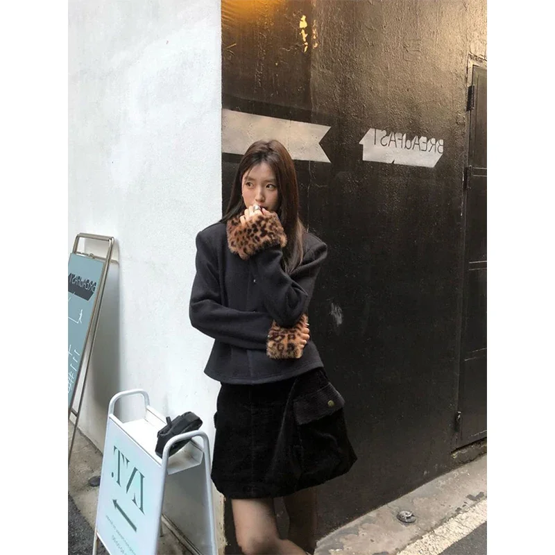 سترة نسائية سوداء عتيقة من MEXZT معاطف هاراجوكو مقصوصة على شكل الفهد ملابس شتوية كورية بأكمام طويلة ملابس خارجية قصيرة