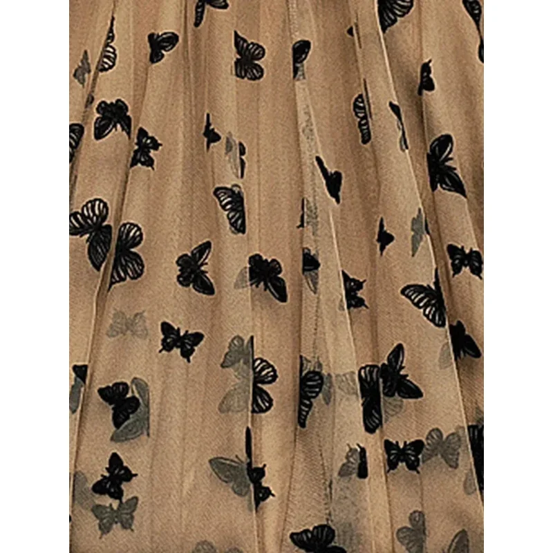 กระโปรงยาวผ้าทูลล์รูปผีเสื้อสำหรับผู้หญิงกระโปรงตาข่ายคลุมเข่าเอวสูงสีดำแบบลำลอง
