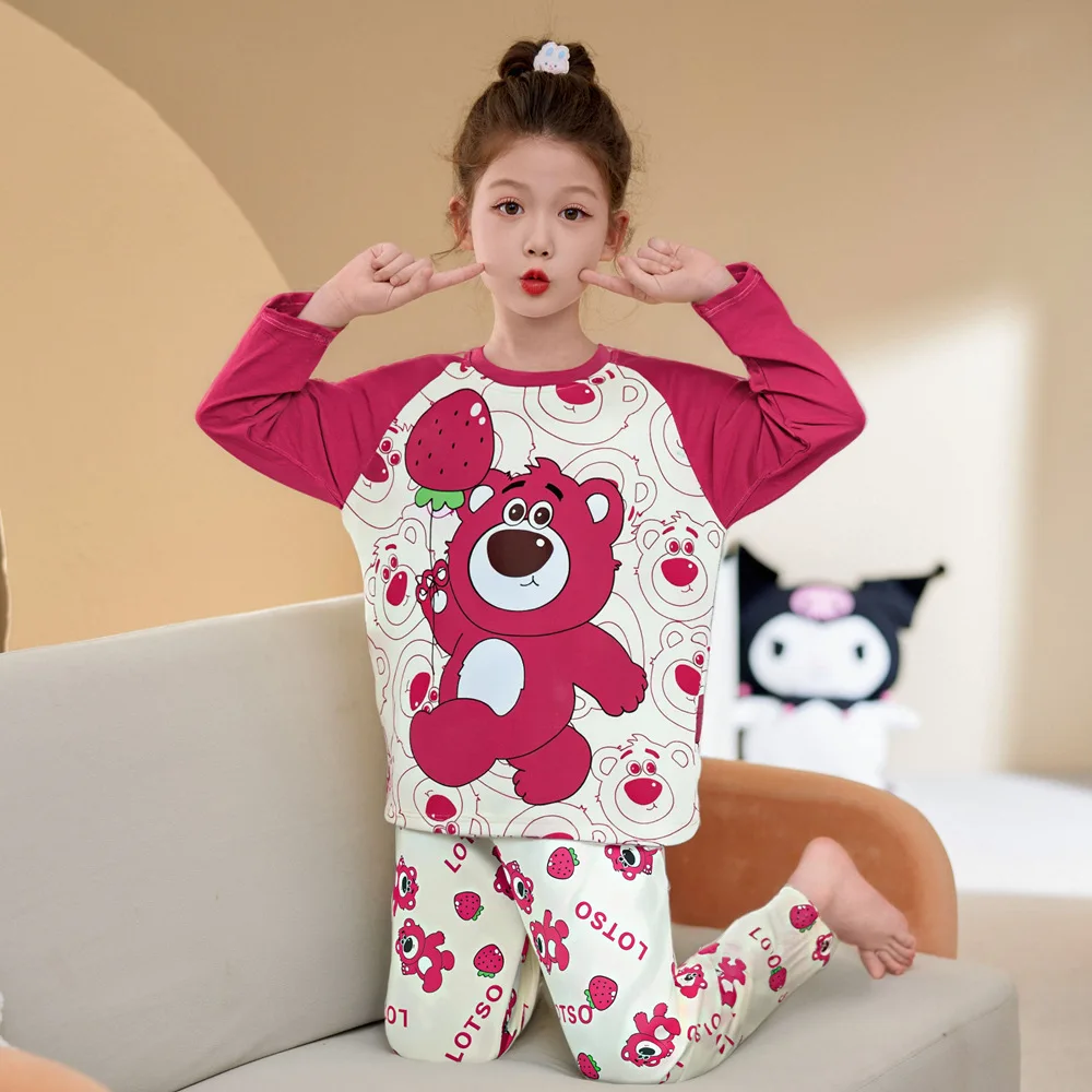 

Kawaii Autumn New Strawberry Bear Girls Pajamas Set Anime Kawaii Parent-Child Round Neck Long-Sleeved Tops Pants Soft Homewear
