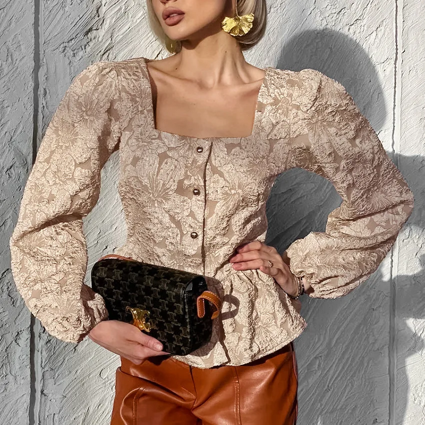 Ladies Elegant Jacquard Square Neck Puff Sleeve Blouse, Button Front Peplum Top for Party, Office and Daily Wear view 3