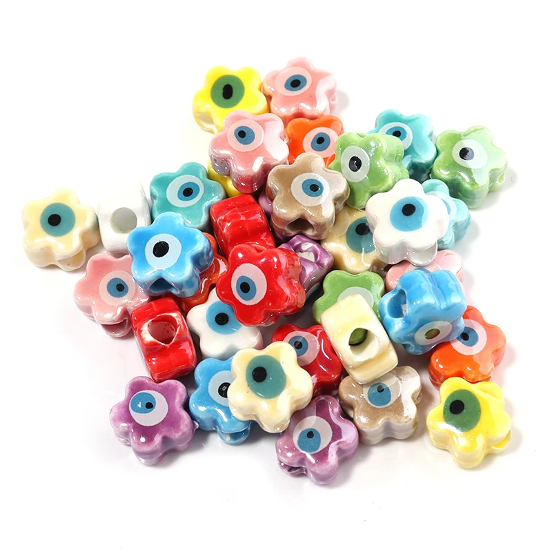 

10Pcs/Lot 10mm Ceramic Beads Colorful Flower Shaped Evil Eye Large Hole Loose Beads For Bracelet Necklace Diy Jewelry Making