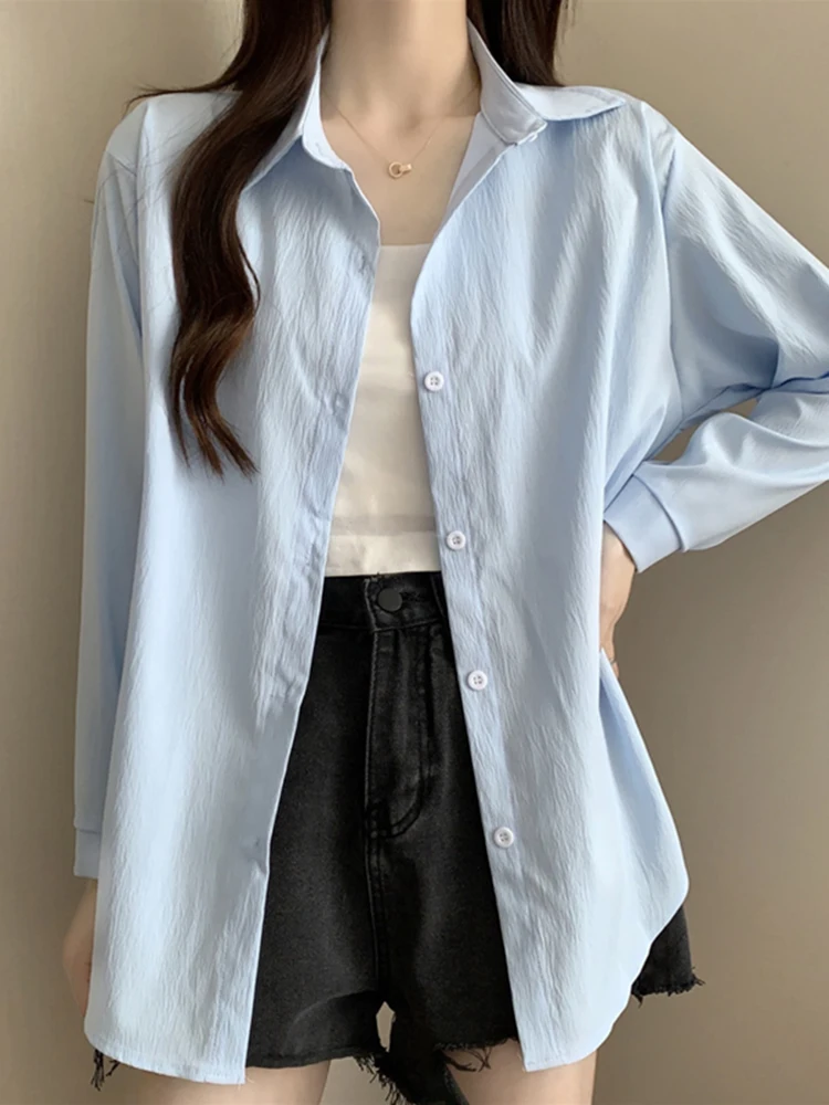 

Polo Neck Solid Color Long Sleeve Chiffon Blouse Woman Summer Thin Sunscreen Shirt Women Cropped Cardigan Polo Neck W31