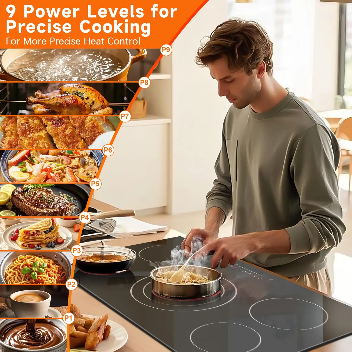 โนกซ์ตันเตาไฟฟ้า 36 นิ้ว 5 หัวเตา, เตาไฟฟ้าในตัว 9200W, องค์ประกอบสามตัว, ตัวจับเวลา, ล็อคเด็ก, 220-240V แข็ง