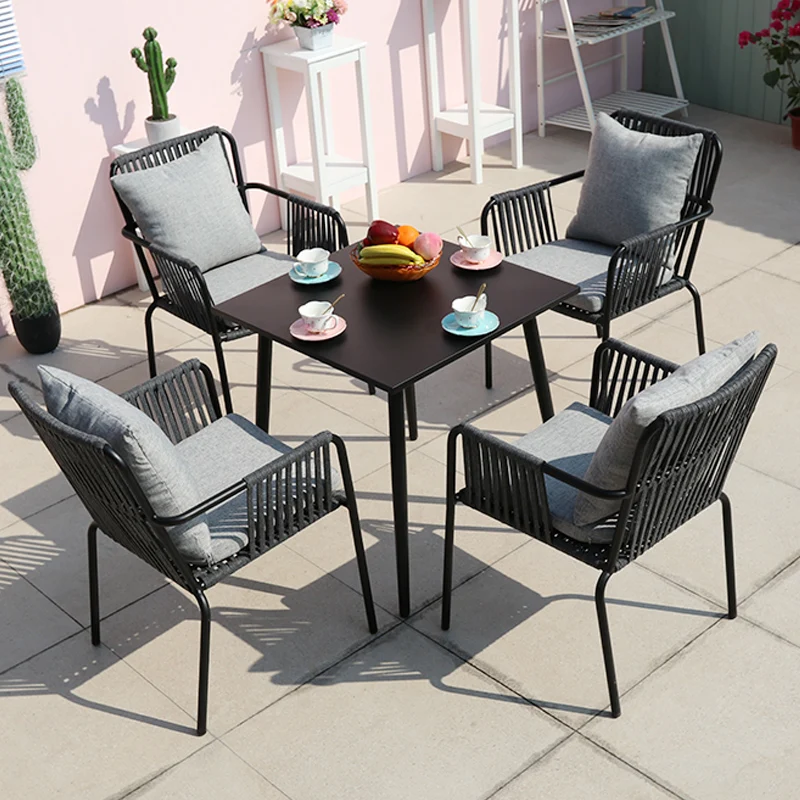 Outdoor Table Set Terrace Solid Wood Patio Waterproof Simple Modern Balcony Rope Woven Creative Rattan Chairs Garden