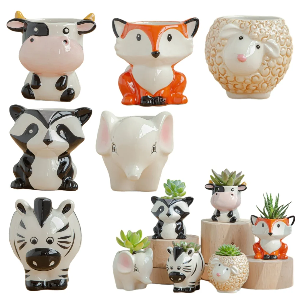 1pcs New Style Ceramic Animal Flower Pot Cartoon Zebra Sheep Cow Head Mini Pot Succulents Plants Bonsai Pots Home Decoration