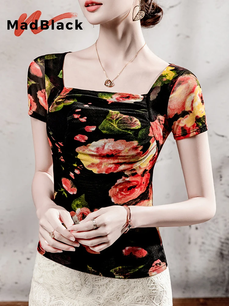 

MadBlack-Women's European T-Shirt, Sexy Square Collar Print, Streetwear Short Sleeve Slim Mesh S-3XL Tee, 2025 Summer T56709CC