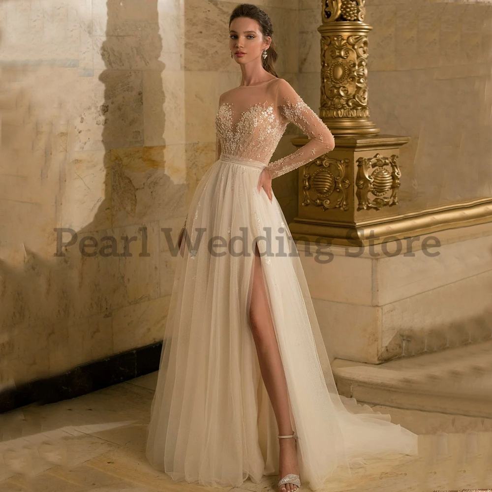 Elegant Wedding Dresses O-Neck Tulle Illusion Romantic Full Sleeve Beading with Belt Side Split Beach Seaside Marry Gowns