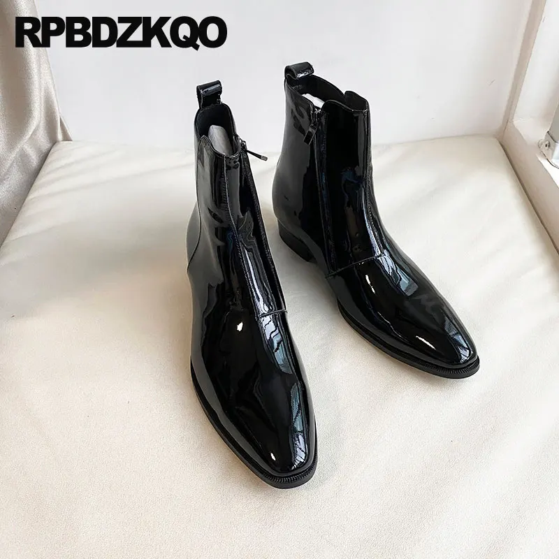 Mens Black Patent Leather Boots Booties Genuine Zipper Pointed Toe Shoes Formal Business Fall Full Grain Plus Size Dress Party