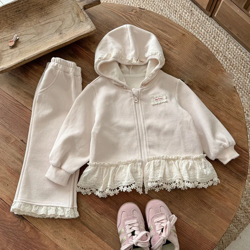 Loose Zipper Jackets Pink Straight Casual Pants 2 Piece Set Girls' Set Autumn New Children's Lace Splicing Hooded Top