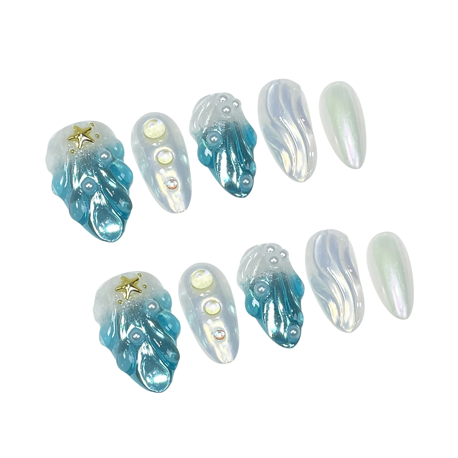 10szt 3D Summer Handmade Fake Nails Glossy French Style Press On Nail Fflash Shells Pearl Golden Star Designs Press On Nails