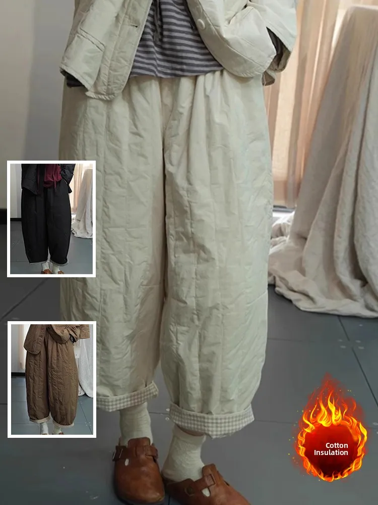 

Warm Pure Color Striped Quilted Cotton Wide Leg Harlan Pants Casual Outerwear for plus Size Women Comfortable Slimming Trousers