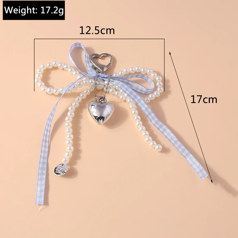 Aihua Y2K Gitterband-Schleife Perlen-Schlüsselanhänger Herz-Charm Schlüsselanhänger Taschenanhänger Eleganter Schmuck Geschenke – Detail 6