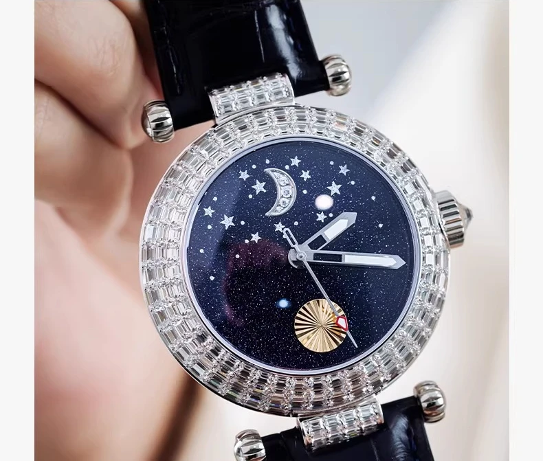 Fashionable Sun Moon Star Automatic Mechanical Movement Watch with High Luxury Design for Men and Women Couples