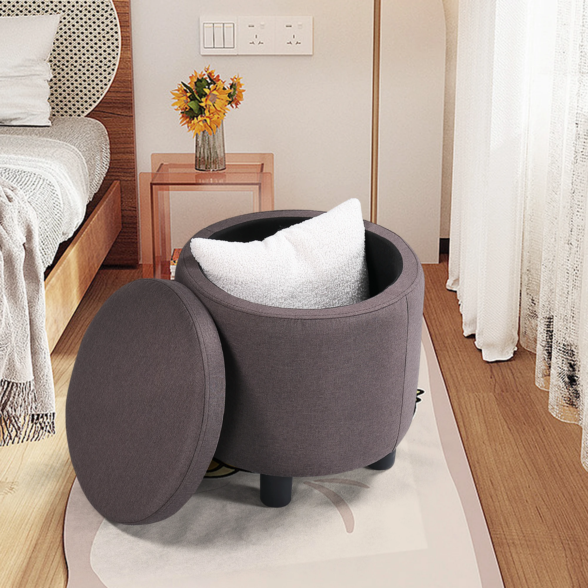 

Home Decor Upholstered Round Fabric Tufted Footrest Ottoman, Ottoman with Storage for Living Room & Bedroom, Decorative Home