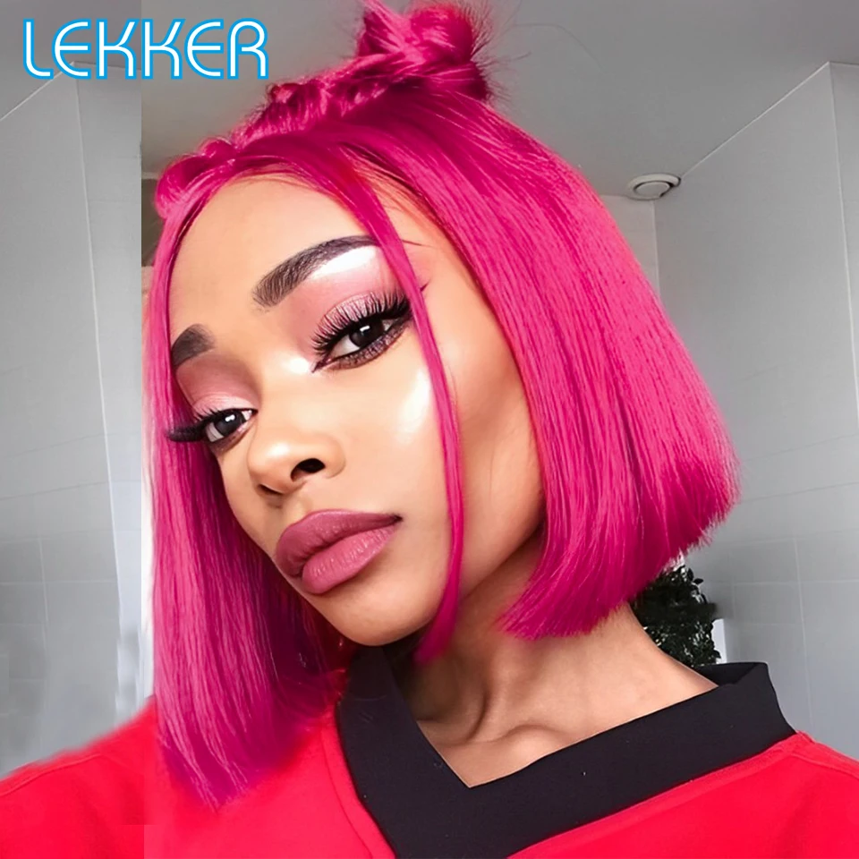 

Lekker Hot Pink Red Short Straight Bob 13x1 T Lace Front 100% Human Hair Wig For Women Glueless Brazilian Remy Hair Colored Wigs