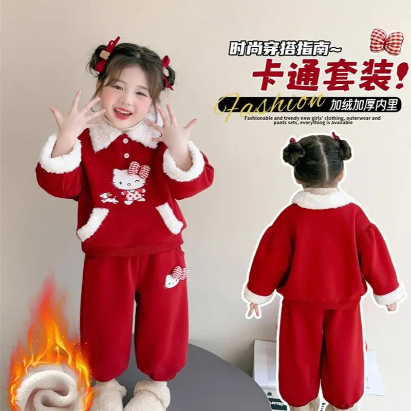 سانريو مرحبا كيتي رشاقته هوديي قطعتين مجموعة فتاة الشتاء بلايز السراويل الطفل Kawaii أنيمي الكرتون موضة ملابس كاجوال جديدة