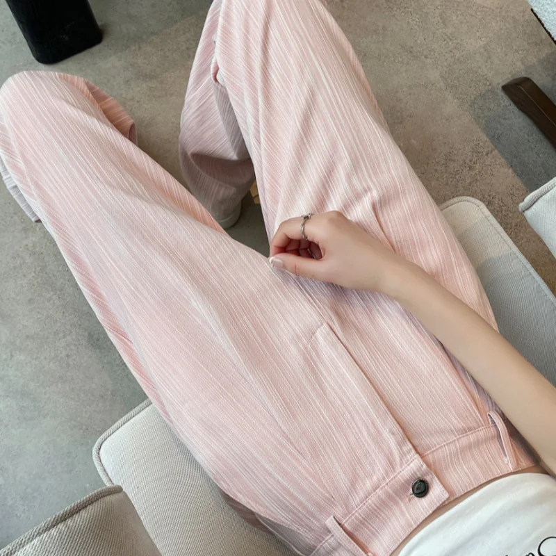 High Waist Blue Striped Suit Women's Wide Leg Pants Single Button Elegant Straight Loose Full Length Trousers Female 2025 New