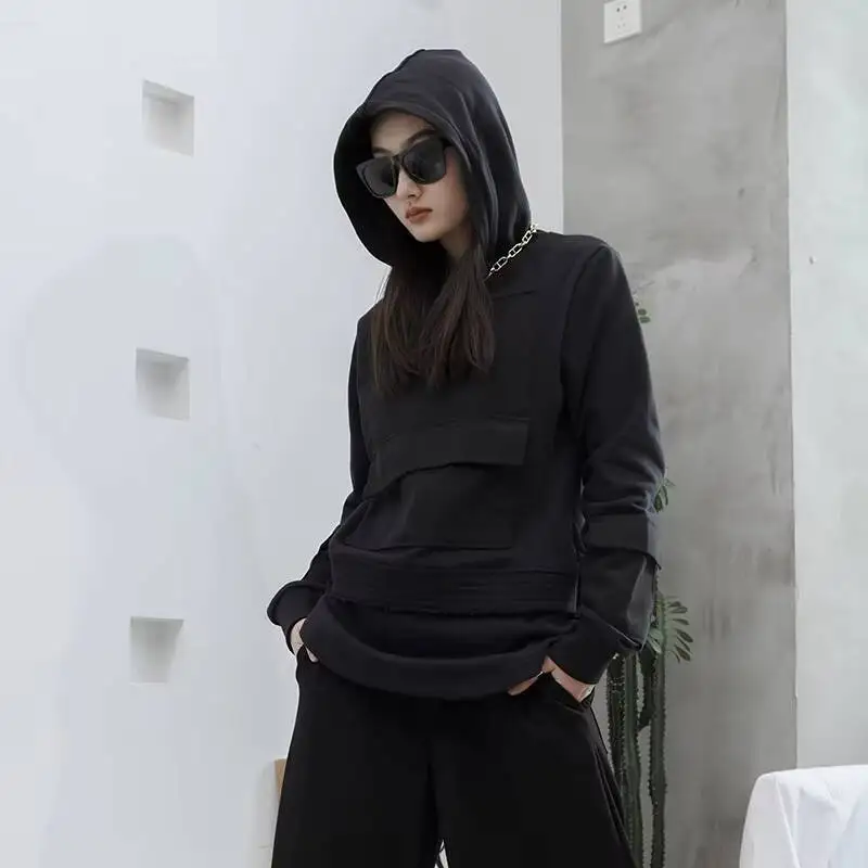 

Ladies Long Sleeve Hooded Hoodie Spring And Autumn New Style Personality Stitching Rough Design Leisure Loose Large Size Hoodie