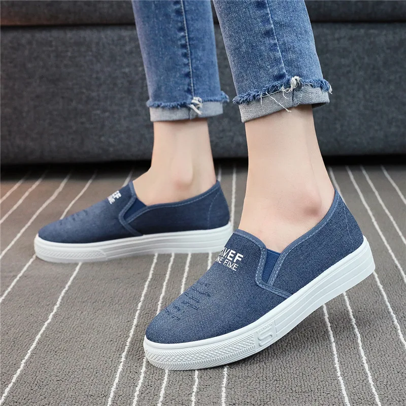 Spring Beef Tendon Thick Soled Denim Shoes for Women Old Beijing Cloth Shoes Mom Student Sneakers Lazy Canvas Shoes for Women