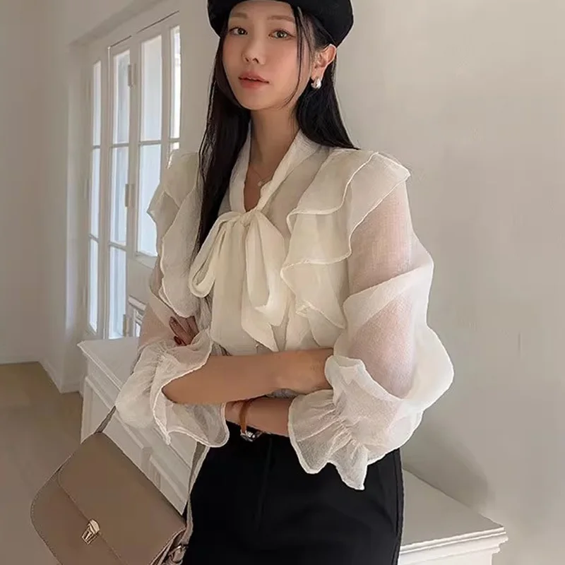 

Ele Spring 2026 Women's Chiffon irt with Bowtie Long Sve Blouse Floral Lace Hemline Casual Loose Fit Cotton Blend