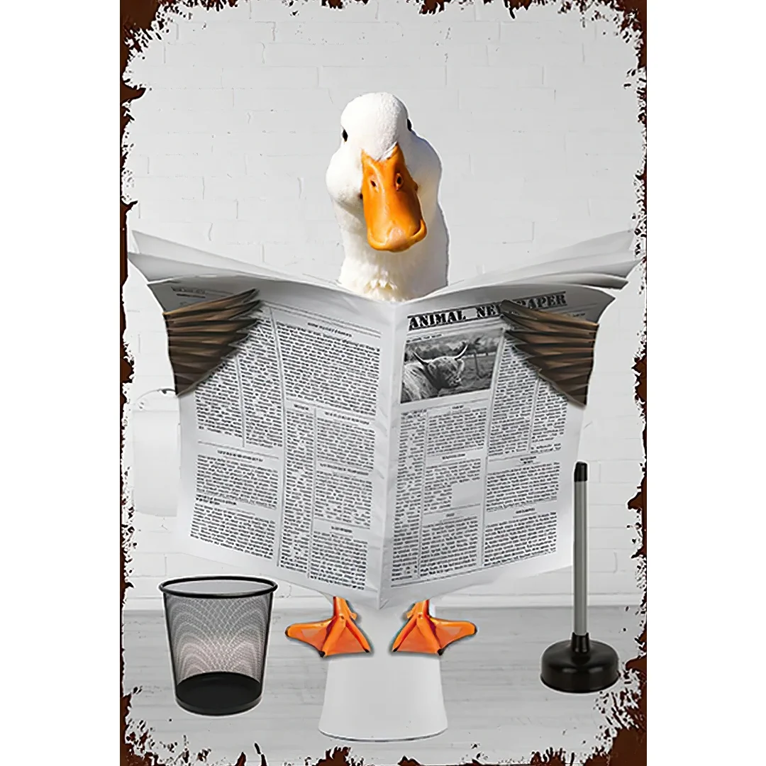 Vintage Duck Sitting on the Toilet Reading Newspaper Tin Sign Funny Animal Wall Art Plaque Decoration for Bathroom Restroom Bar