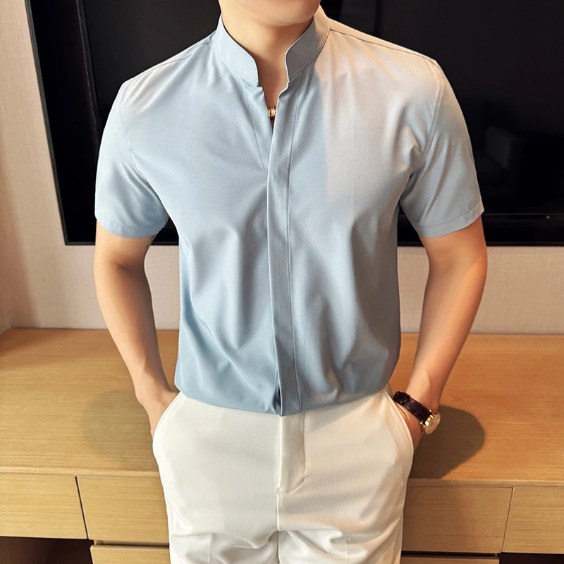 Chinese Style Standing Collar Short Sleeved Men Shirt 2024 Summer Solid Casual Elastic Slim Fit Shirt Fashionable Men Clothing