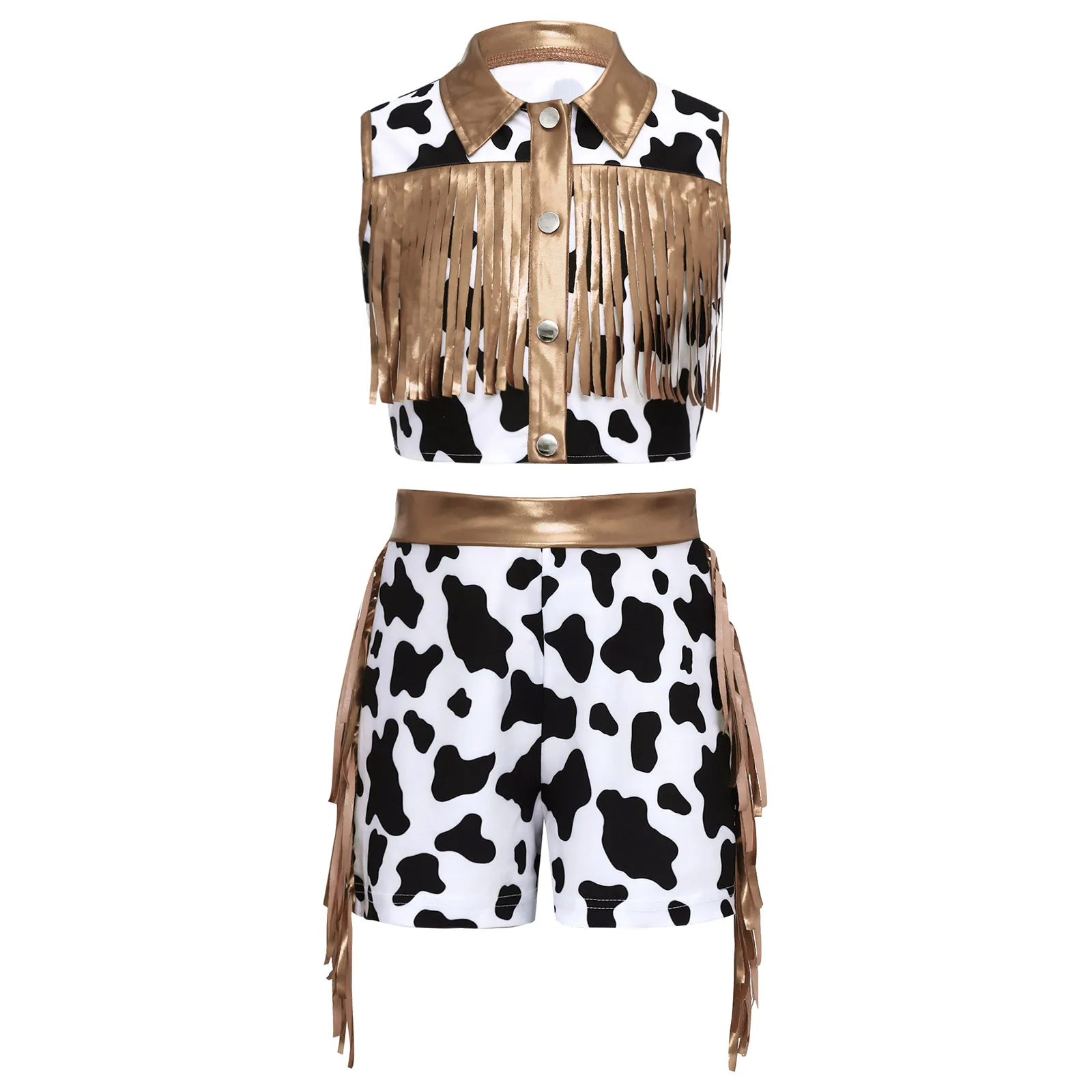 Girls Western Cowgirl Costume Sleeveless Metallic Fringed Crop Tops with Tassel Shorts for Halloween Carnival Party Jazz Dance