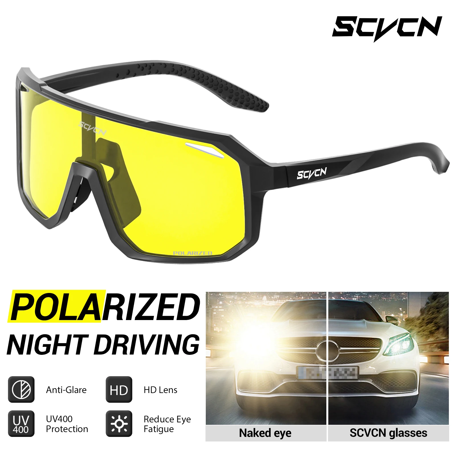 Scvcn Night Vision Sunglasses Yellow Polarized Driving Glasses Cycling Anti-Glare Lens Motorcycle Bicycle Driver Goggles UV400