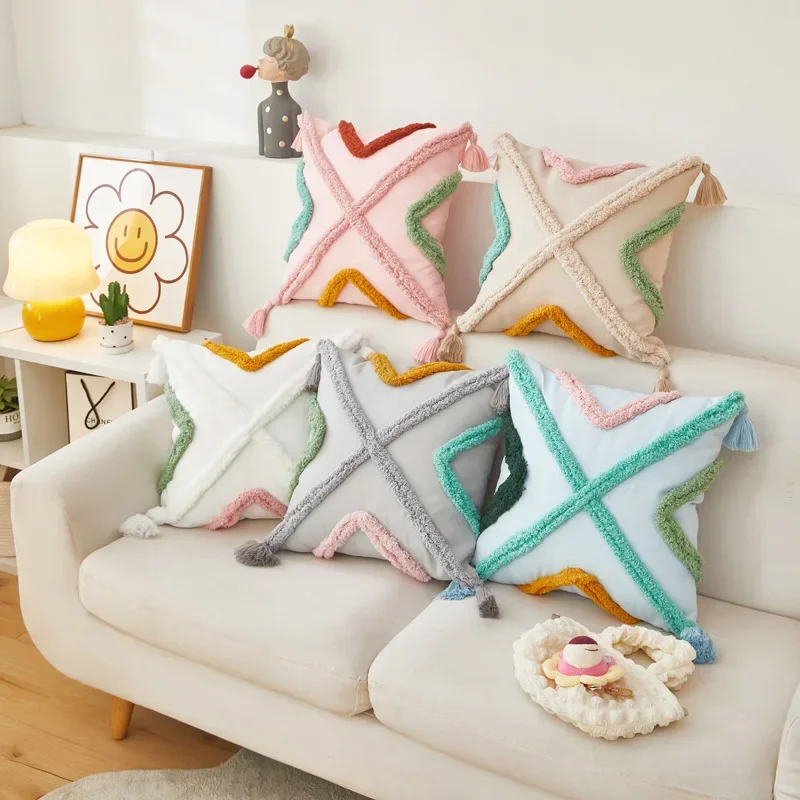 Colorful Tufted Cushion Cover Nordic Cotton Canvas Geometric Plush Embroidered Pillow Case Home Decorative Cushions for Sofa 카트