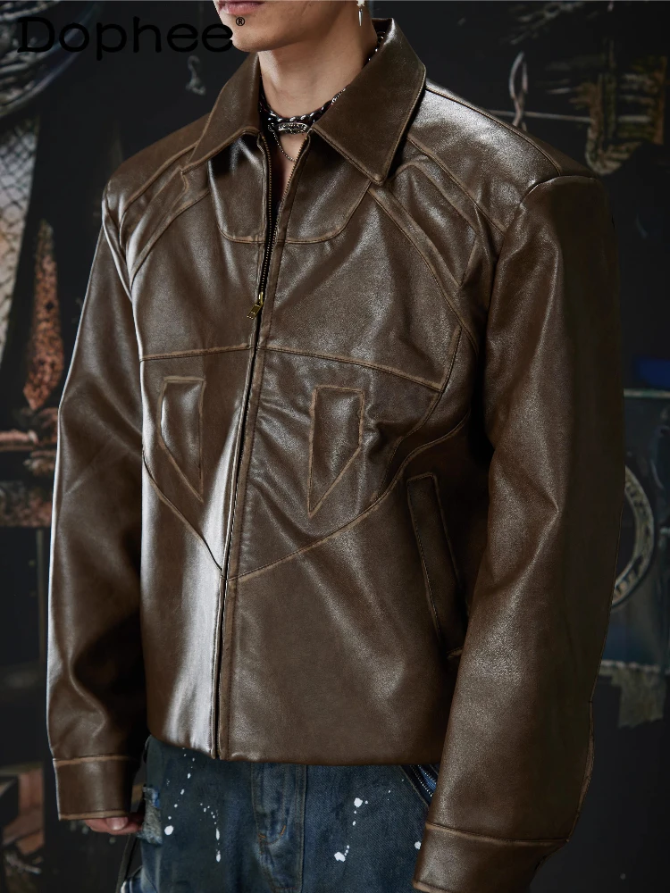 

2026 Men's Spring Autumn New High-end Lapel Zipper Faux Leather Jackets Solid Color Chic Tops Simple Handsome Faux Leather Coats