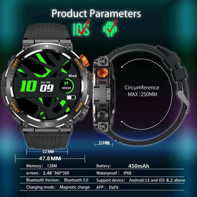 Compass Military Smart Watch Men  Android Edition Huawei Ios Watches 100+Sport BT Call Waterproof Watch LED Relógio Inteligente