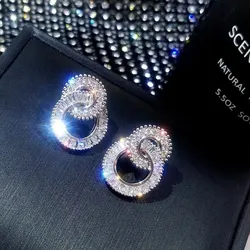 New Luxury Double Circle Ear Stud Silver Color Korean Earrings for Women Lady Anniversary Gift Jewelry Wholesale E5609