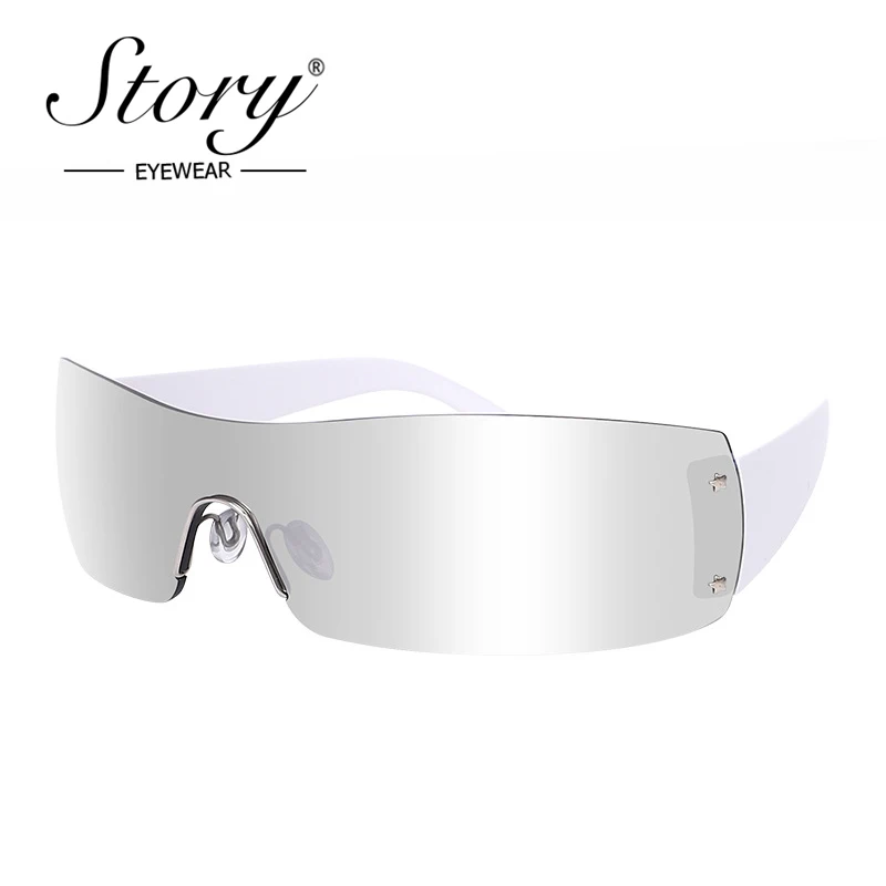 STORY Y2K One Piece Lens Little Star Rimless Sunglasses Women Men 2023 Trend Shield Mirrored Silver Rectangle Sun Glasses S20929