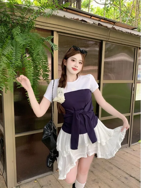 

plus Size Women's Slimming Color Block Short Sleeve T-Shirt Knot Design Summer New Style Versatile Top Korean Style Commute