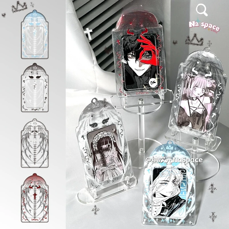 INS Fashion Pixel Devil Angel PVC Glitter Card Holder 3/3.5 Inch Photocard Case Kpop Idol Card Storage Display Keychain Pendant