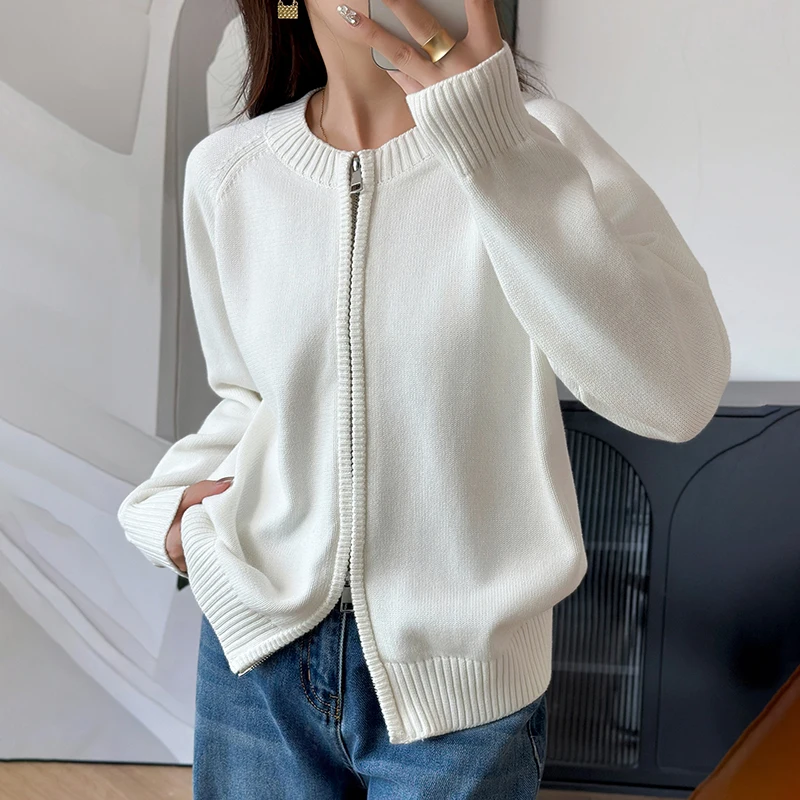 Double Zipper Sweater Cardigan Women Long Sleeve Pure Cotton Outerwear Autumn Winter Female Casual Jacket Knitwear B3032116