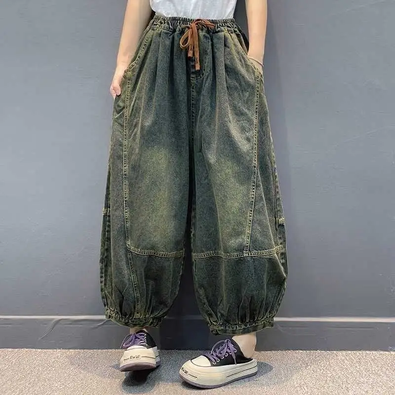 

Women's Spring Autumn Pants Cowboy Wide Leg Elastic Waist Doing Old Big Size Vintage Simple Loose Casual Soft Niche Versatile