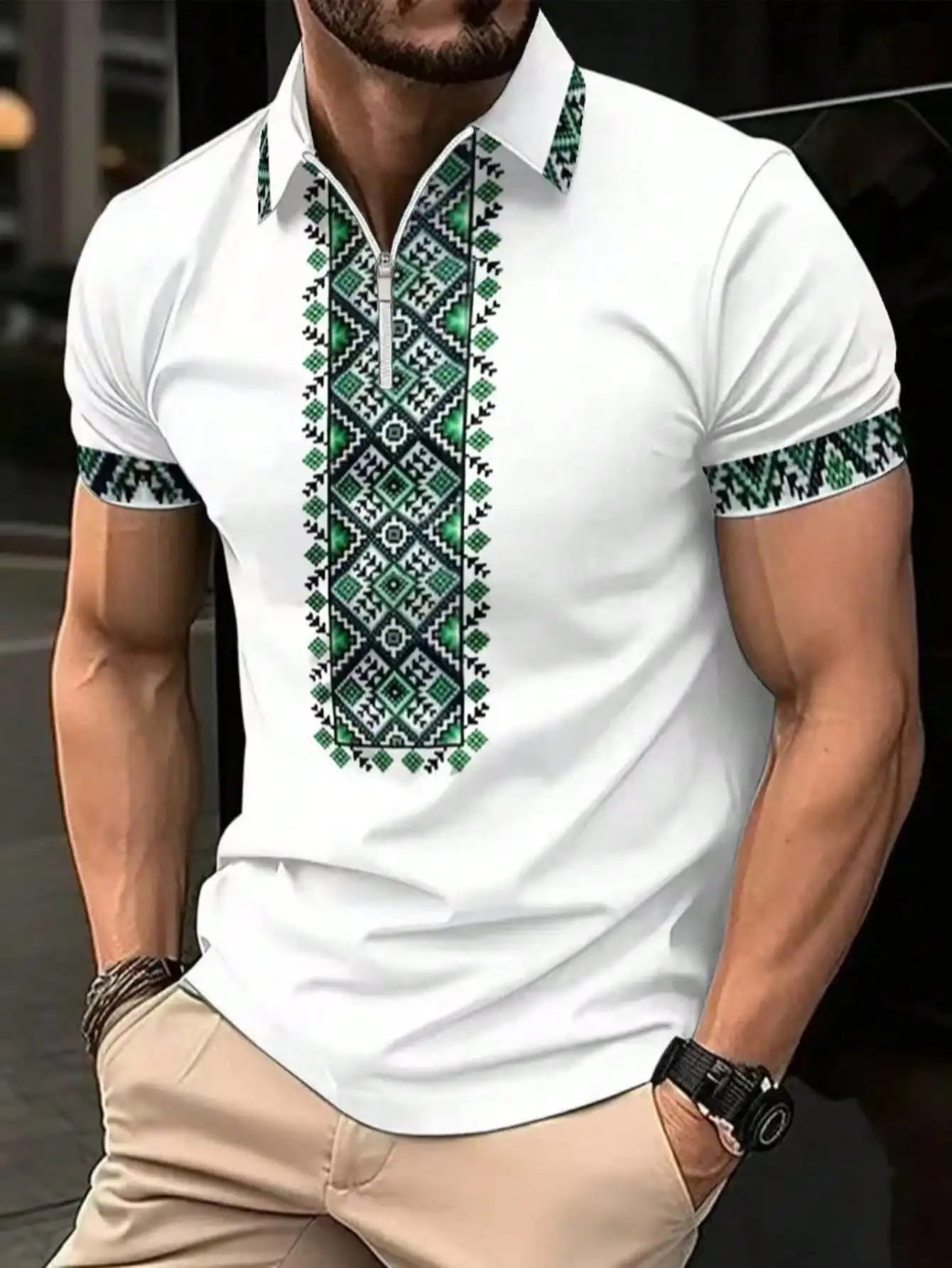 

Men's White Short Sleeve Shirt with Green Geometric Embroidery, Zipper Placket, Casual Fit