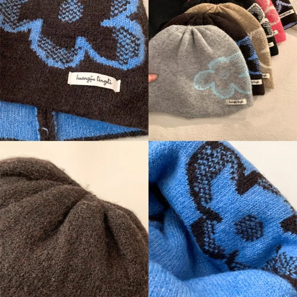 أزياء مطبوعة زهرة الجاكار محبوك قبعة الصوف الدافئة معرض جزيرة نمط بيني لطيف خمر سدادات حماية الأذن قبعة الخريف