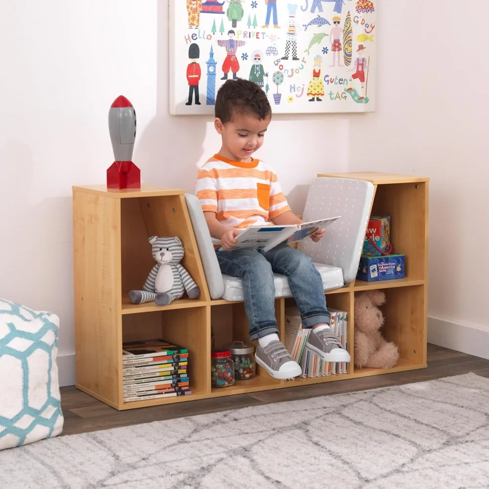 KidKraft Wooden Bookcase with Reading Nook, Storage and Gray Cushion Natural MADE OF WOOD and EASY ASSEMBLY