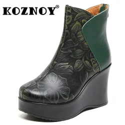 Koznoy 9cm Genuine Leather Ethnic Ankle Boots Chelsea Autumn Winter Plush  Embossed Fashion Spring Platform Wedge Women Shoes