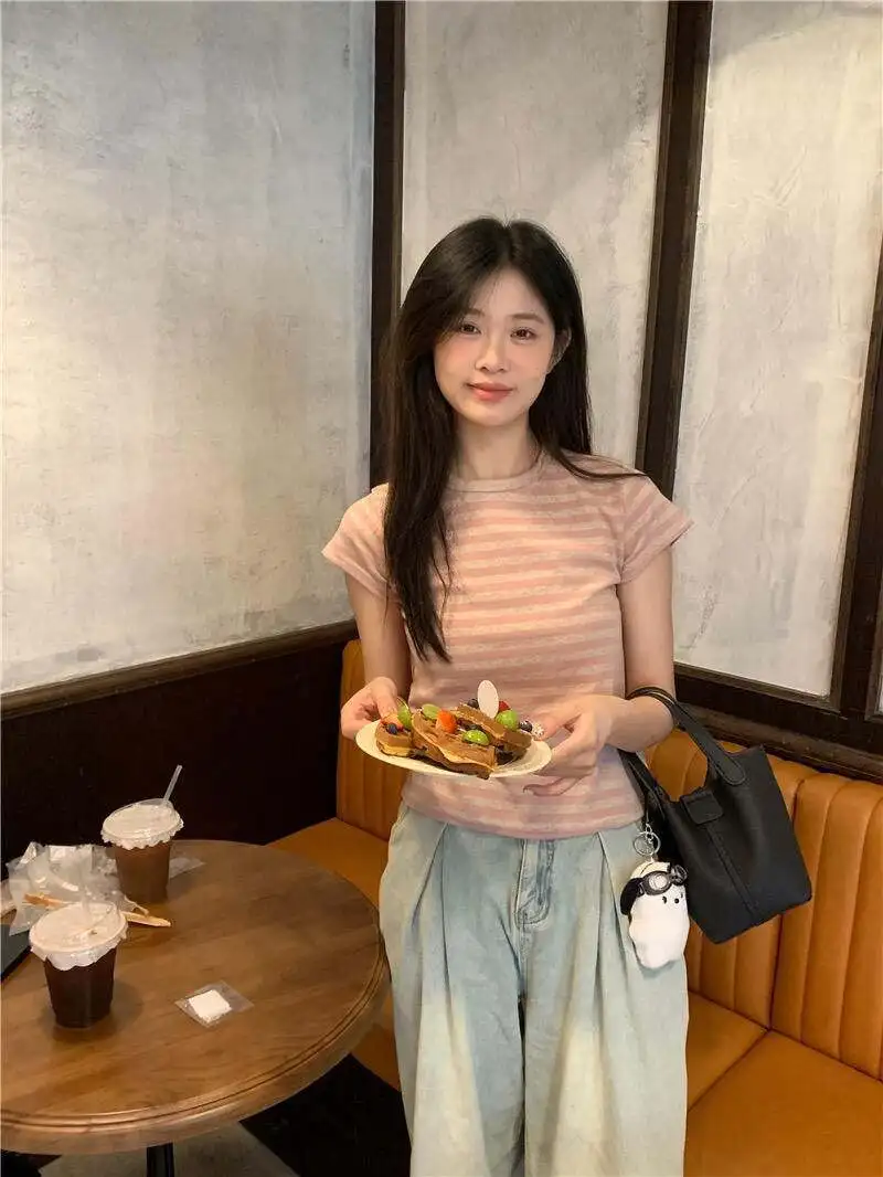 T-shirt coreana Sle Slim Fit Or Sve da donna Casual Spring Faion Stripe Color Blo Design Top per giovani donne