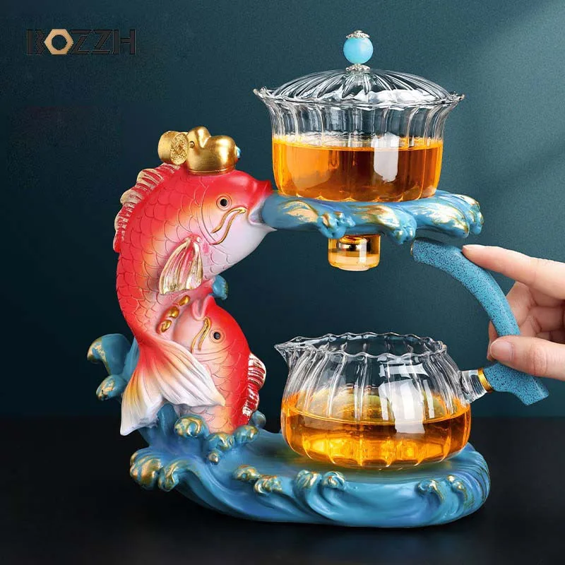 BOZZH New Arrival Creative Fish Magnetic Teapot Glass Lazy Automatic Tea Making Household Pu'er Oolong Tea Set Infuser Drinking