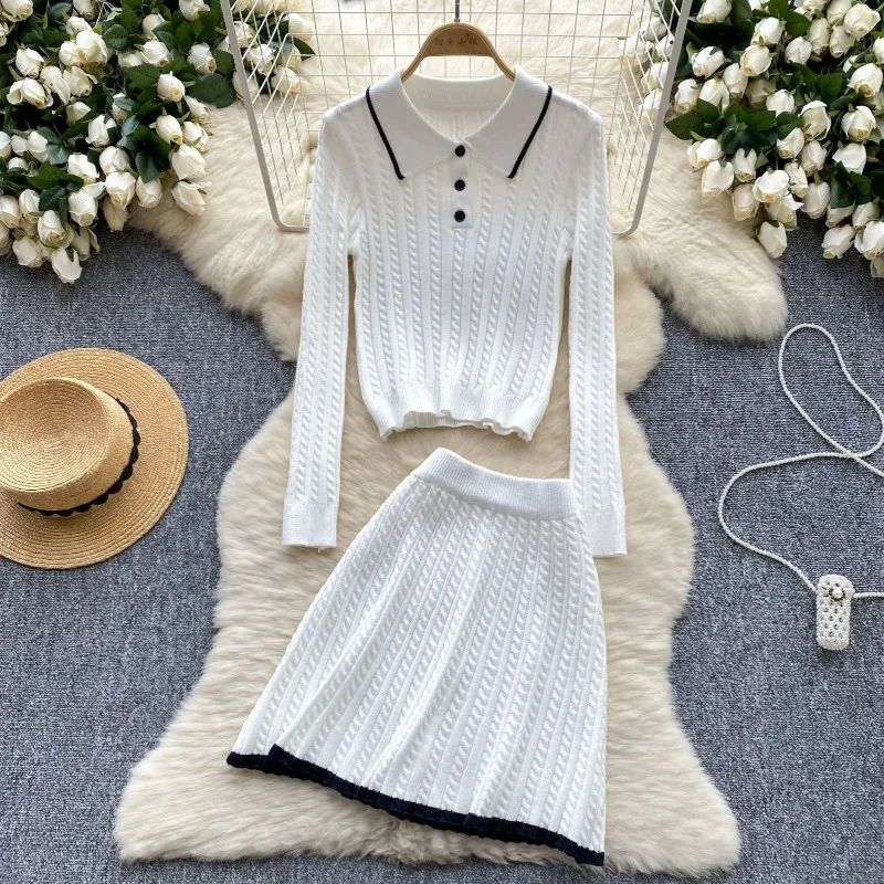 

Women's Winter Autumn Tops Sweater Suit Half-body Skirt High Waist Knitting Lapel Comfortable Slim Simple Design Versatile Slim