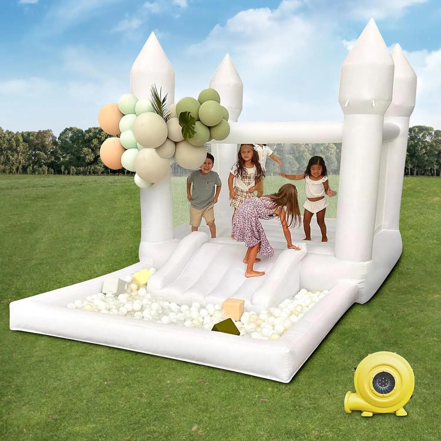 3in1 White Inflatable Bounce House With Large Ball Pool Pit And Slide Commercial Bouncy Castles For Kids Toddlers Birthday Party