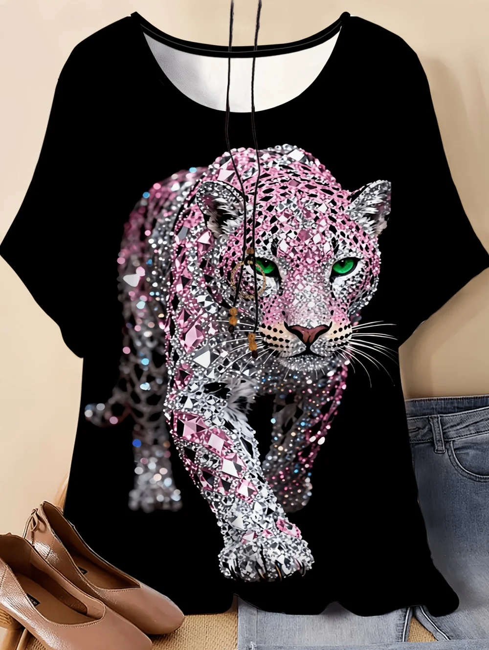 Neue Damen 3D-Druck Tier-T-Shirts Coole Geparden-Grafik Tees Sommer T-Shirts Tops Übergroße Kurzarm Y2k Street Damenkleidung