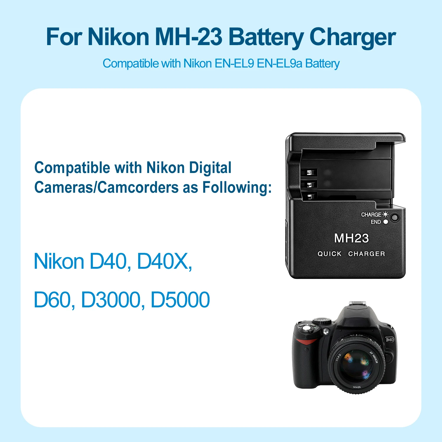 MH-23 Batterieladegerät für Nikon EN-EL9/EN-EL9A Akku für D5000 D3000 D8000 D60 D70 D50 D40 D40X Kamera – Detail 3
